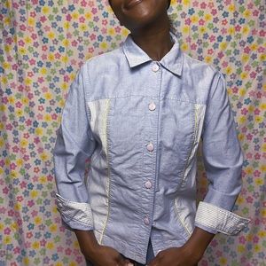 Blue and white striped button up. Yellow accent. Size medium.